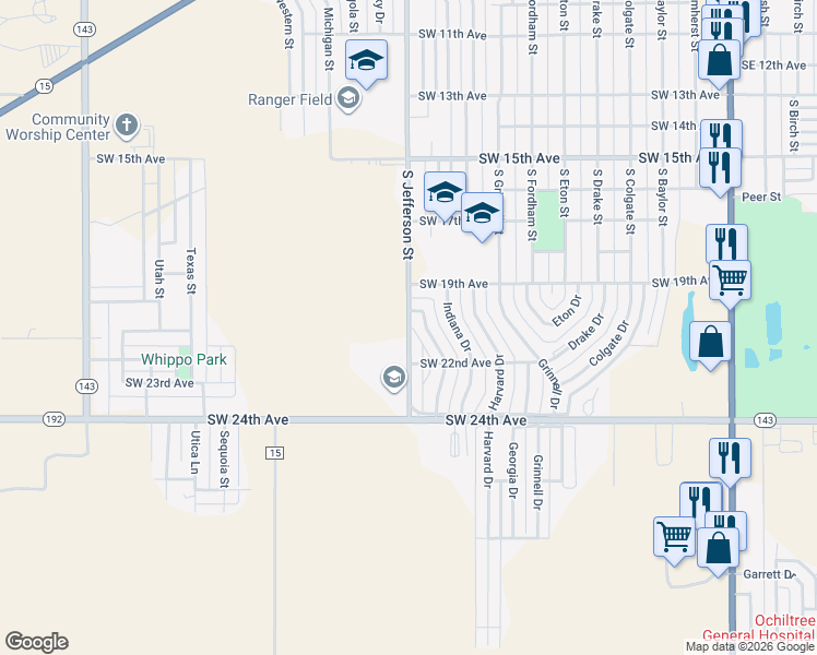 map of restaurants, bars, coffee shops, grocery stores, and more near 2062 South Jefferson Street in Perryton