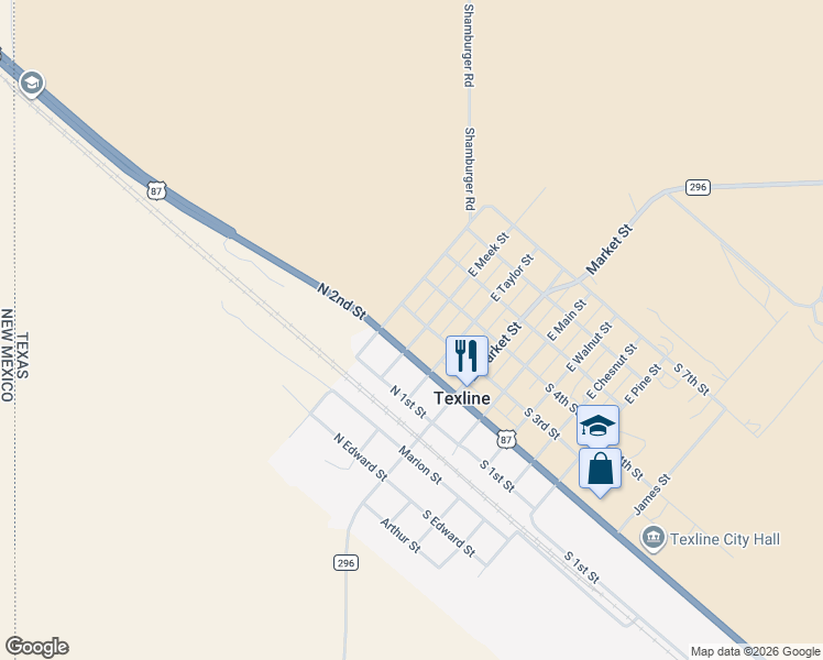map of restaurants, bars, coffee shops, grocery stores, and more near 200-298 Meek Street in Texline