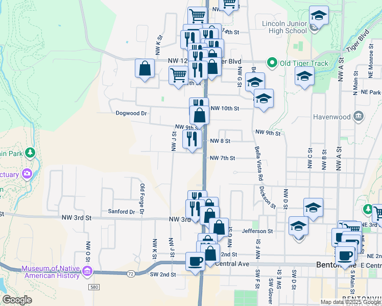 map of restaurants, bars, coffee shops, grocery stores, and more near 913 Northwest 7th Street in Bentonville