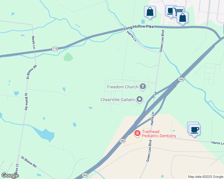 map of restaurants, bars, coffee shops, grocery stores, and more near 1601 Green Lea Boulevard in Gallatin
