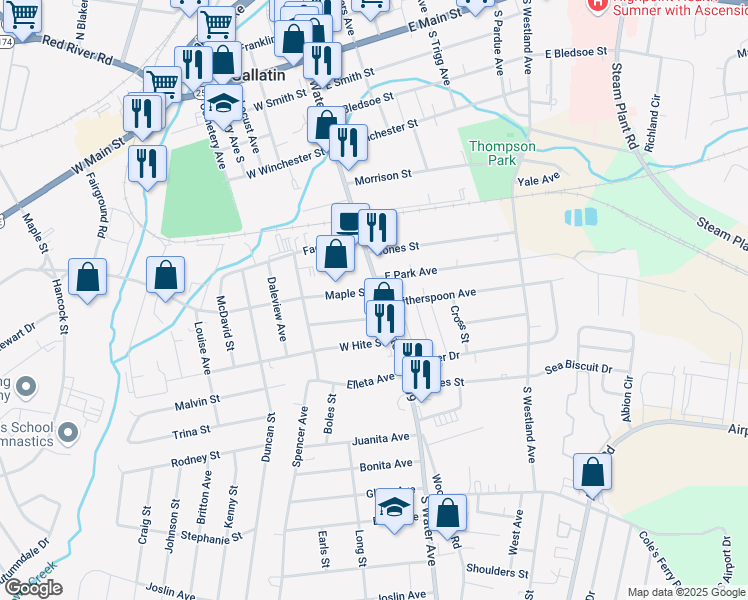 map of restaurants, bars, coffee shops, grocery stores, and more near 604 South Water Avenue in Gallatin