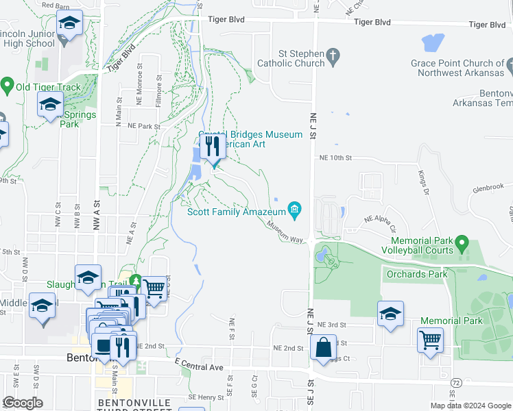 map of restaurants, bars, coffee shops, grocery stores, and more near Museum Way in Bentonville
