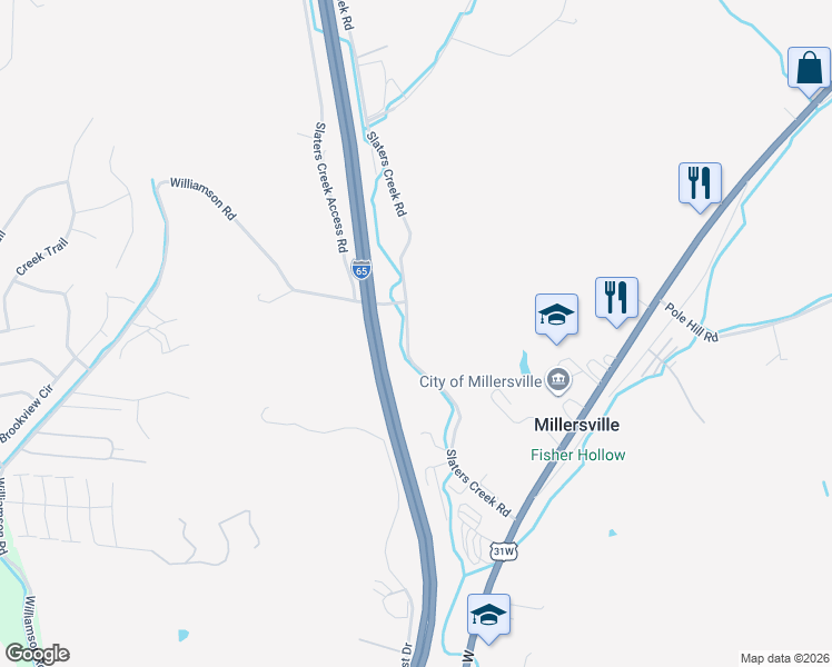map of restaurants, bars, coffee shops, grocery stores, and more near 1104 Slaters Creek Road in Goodlettsville