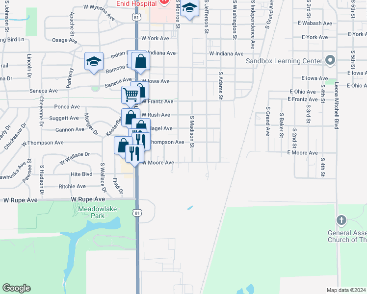 map of restaurants, bars, coffee shops, grocery stores, and more near 1609 South Monroe Street in Enid