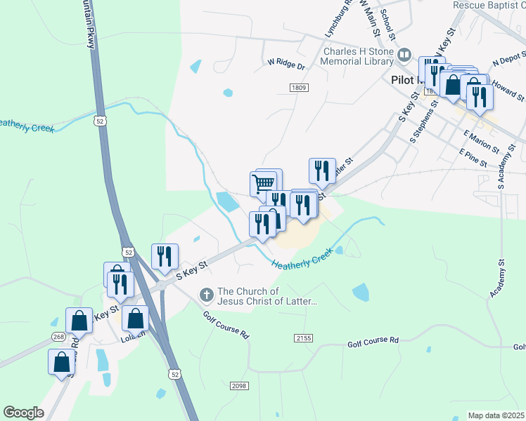 map of restaurants, bars, coffee shops, grocery stores, and more near 647 South Key Street in Pilot Mountain