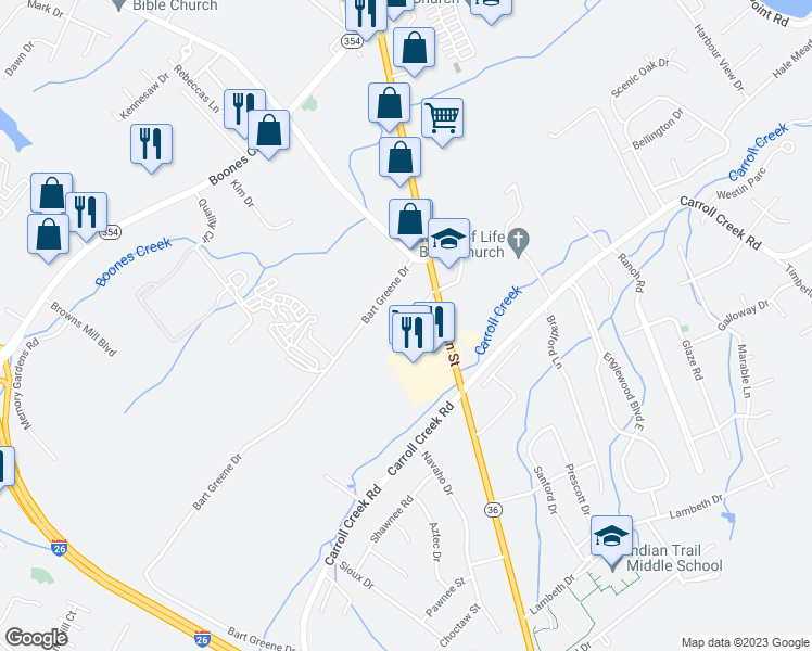 map of restaurants, bars, coffee shops, grocery stores, and more near Cambridgeshire Court in Johnson City