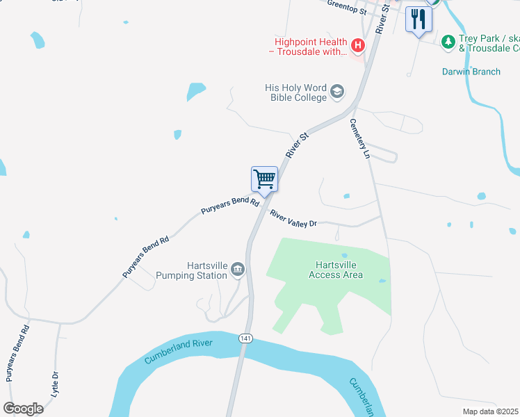 map of restaurants, bars, coffee shops, grocery stores, and more near 403 River Street in Hartsville