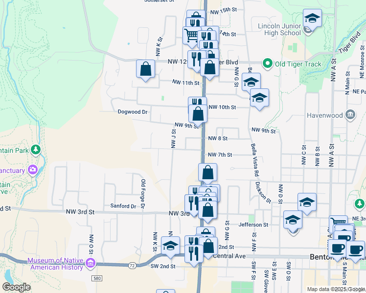 map of restaurants, bars, coffee shops, grocery stores, and more near 913 Northwest 7th Street in Bentonville