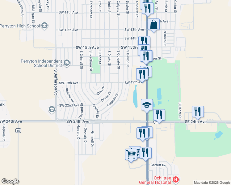 map of restaurants, bars, coffee shops, grocery stores, and more near 2014 Colgate Drive in Perryton