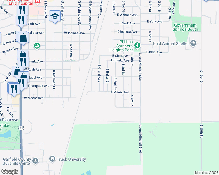 map of restaurants, bars, coffee shops, grocery stores, and more near 1720 South 2nd Street in Enid