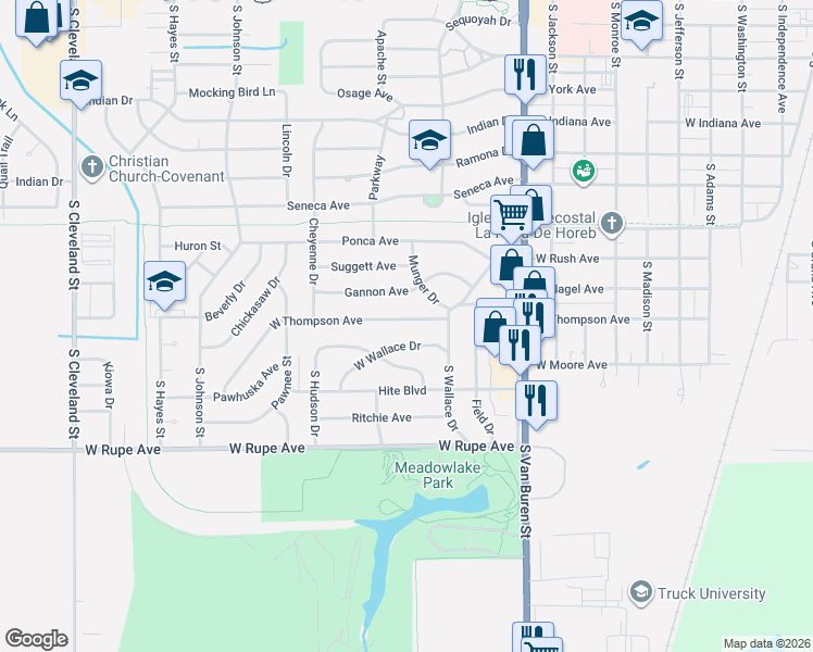 map of restaurants, bars, coffee shops, grocery stores, and more near 1305 West Wallace Drive in Enid