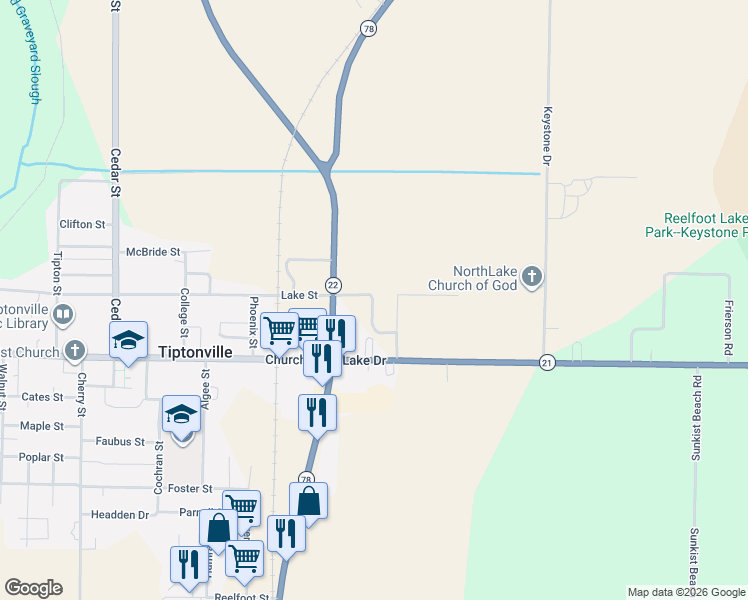 map of restaurants, bars, coffee shops, grocery stores, and more near 516 Ashby Dr in Tiptonville