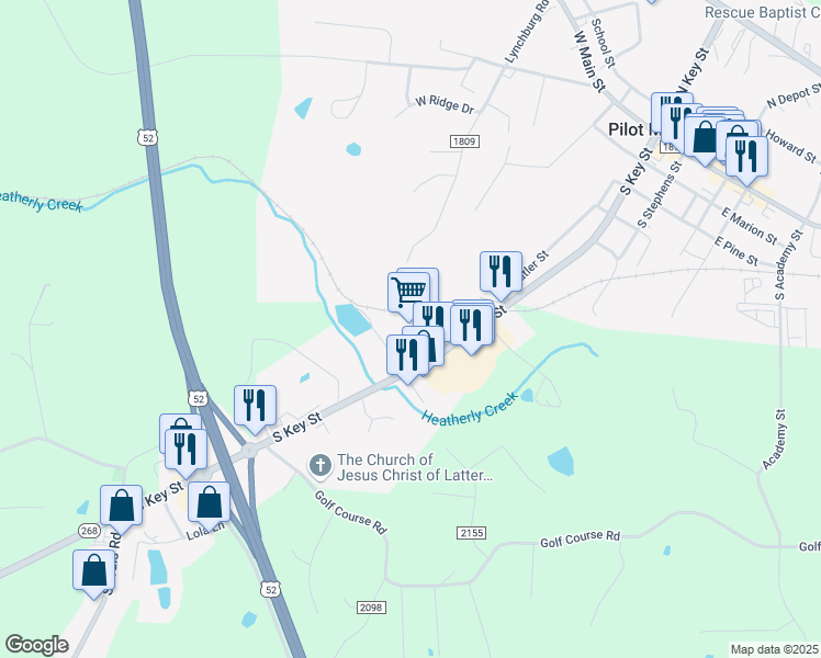 map of restaurants, bars, coffee shops, grocery stores, and more near 647 South Key Street in Pilot Mountain