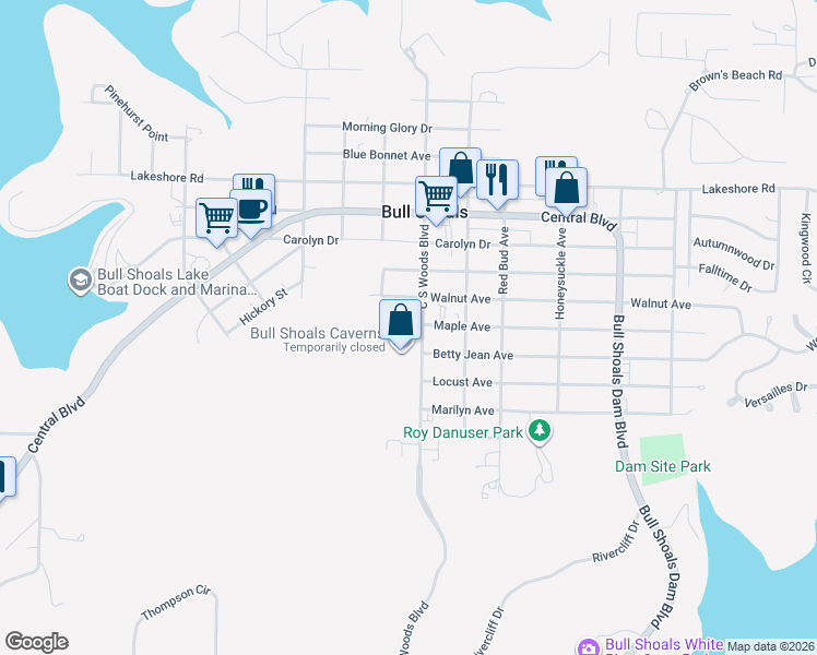 map of restaurants, bars, coffee shops, grocery stores, and more near 1001 C South Woods Boulevard in Bull Shoals