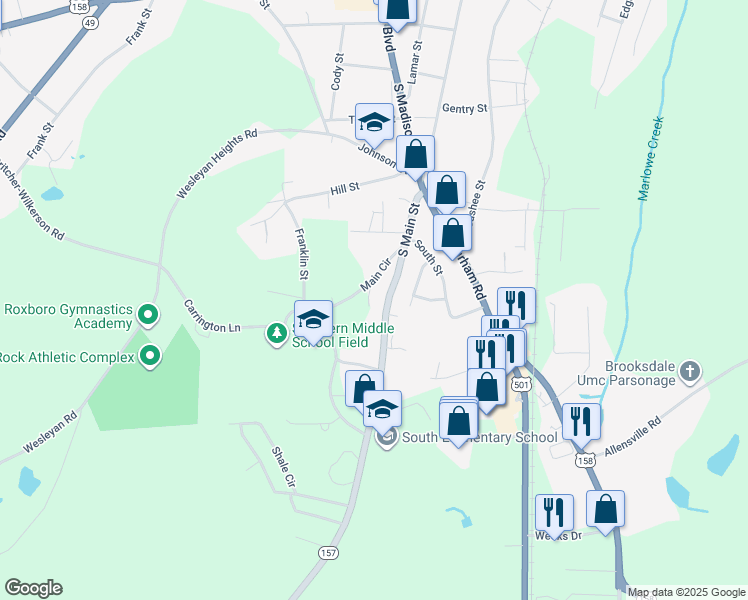 map of restaurants, bars, coffee shops, grocery stores, and more near 821 North Main Street in Roxboro