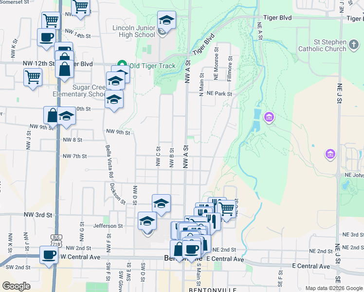 map of restaurants, bars, coffee shops, grocery stores, and more near 803 Northwest A Street in Bentonville