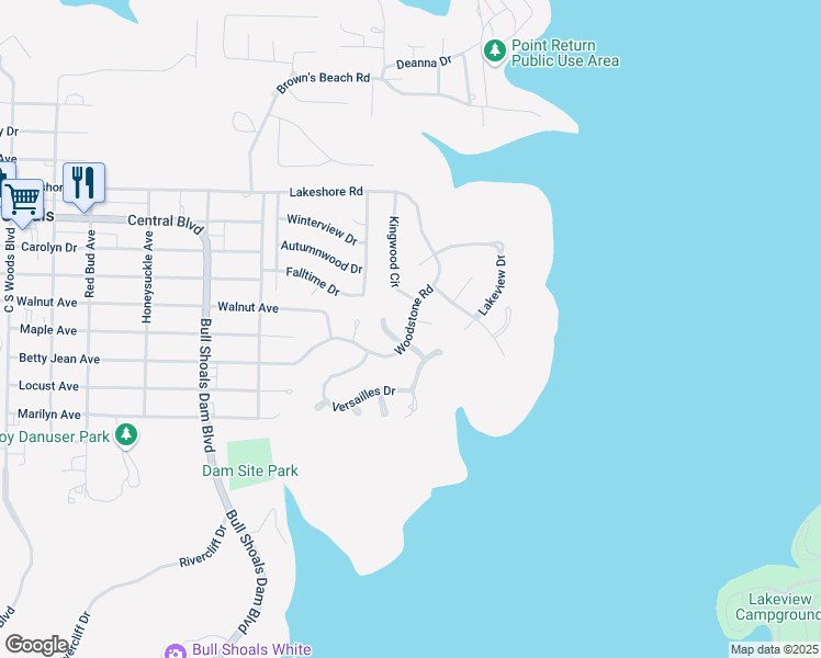 map of restaurants, bars, coffee shops, grocery stores, and more near 207 Woodstone Road in Bull Shoals