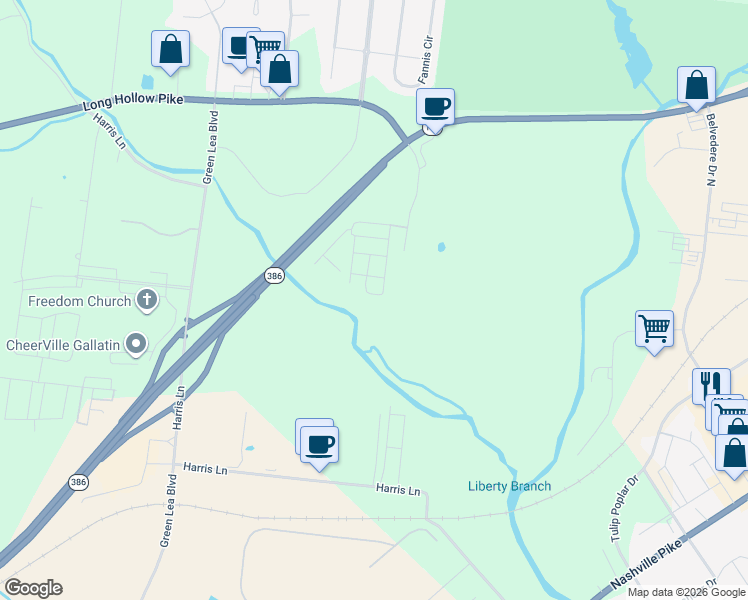 map of restaurants, bars, coffee shops, grocery stores, and more near 364 Banbury Drive in Gallatin