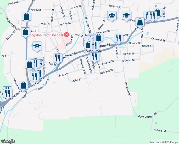 map of restaurants, bars, coffee shops, grocery stores, and more near 205 Evans Street in Livingston