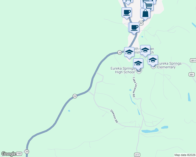 map of restaurants, bars, coffee shops, grocery stores, and more near 235 Huntsville Road in Eureka Springs