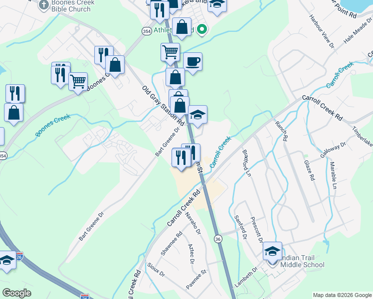 map of restaurants, bars, coffee shops, grocery stores, and more near 806 Cambridgeshire Court in Johnson City