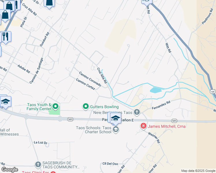 map of restaurants, bars, coffee shops, grocery stores, and more near 624 Cruz Alta Rd in Taos