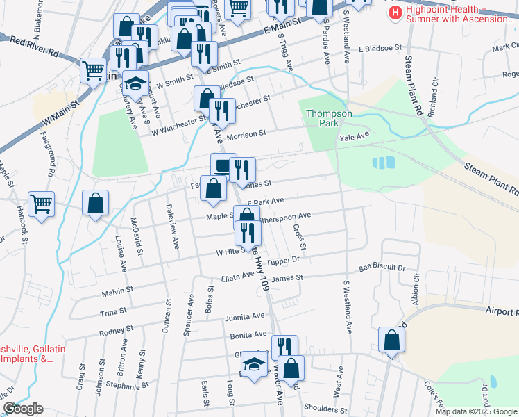 map of restaurants, bars, coffee shops, grocery stores, and more near 142 East Park Avenue in Gallatin