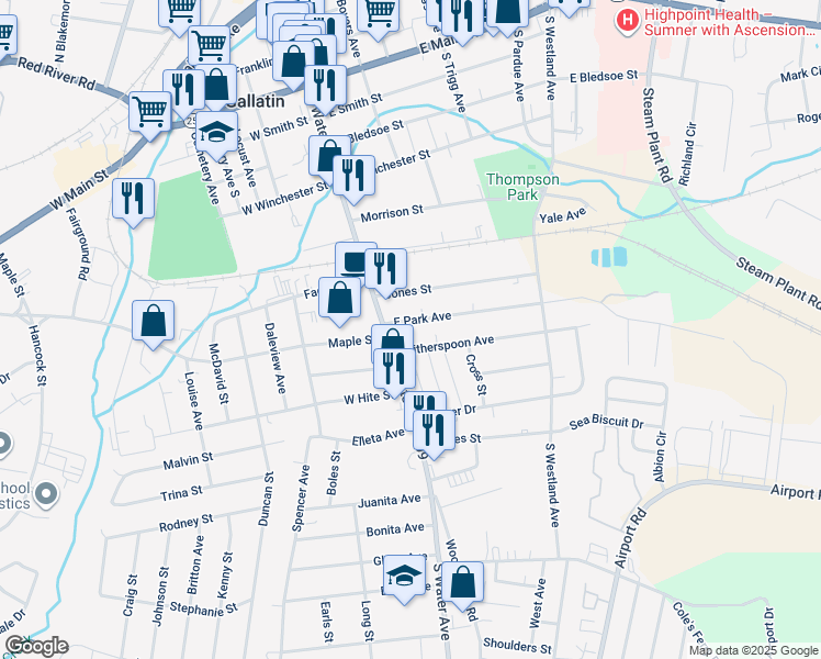 map of restaurants, bars, coffee shops, grocery stores, and more near 142 East Park Avenue in Gallatin