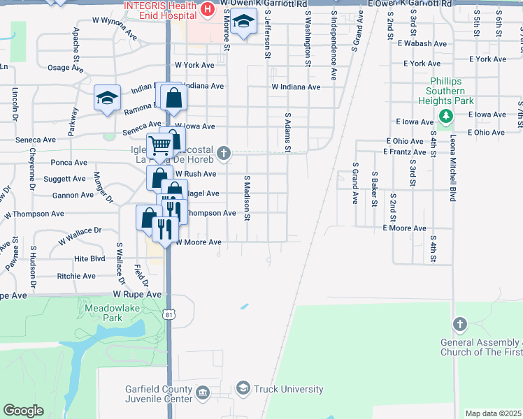 map of restaurants, bars, coffee shops, grocery stores, and more near 1509 South Jefferson Street in Enid