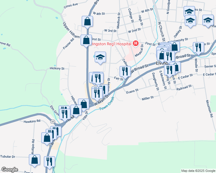 map of restaurants, bars, coffee shops, grocery stores, and more near 104 Bilbrey Street in Livingston