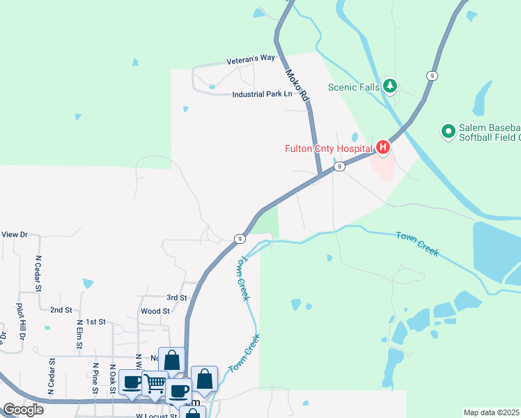 map of restaurants, bars, coffee shops, grocery stores, and more near 422 North Main Street in Salem