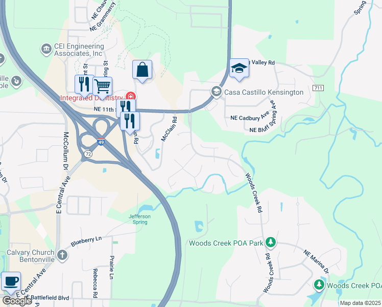 map of restaurants, bars, coffee shops, grocery stores, and more near 3 Oak Ridge Lane in Bentonville