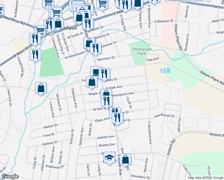 map of restaurants, bars, coffee shops, grocery stores, and more near 142 East Park Avenue in Gallatin