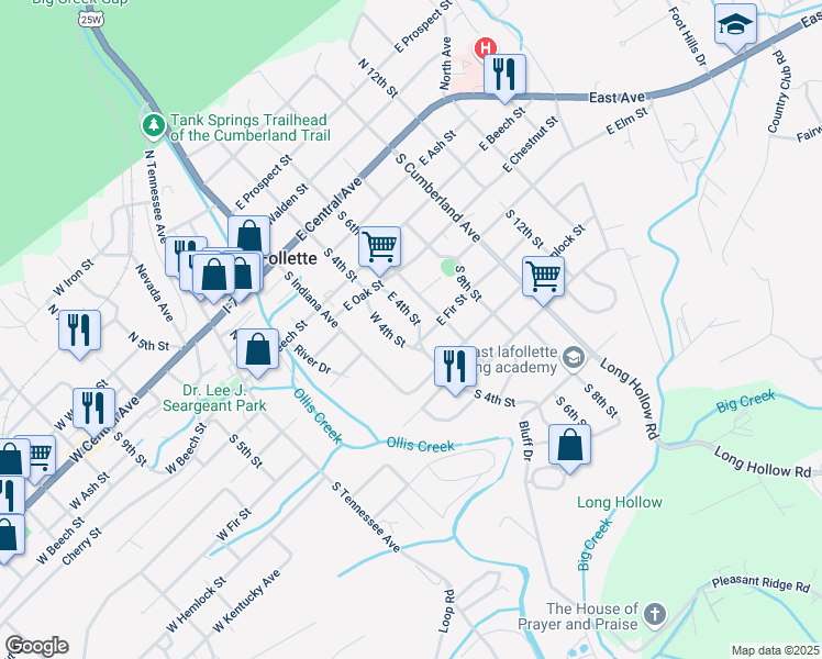 map of restaurants, bars, coffee shops, grocery stores, and more near 510 South 6th Street in LaFollette