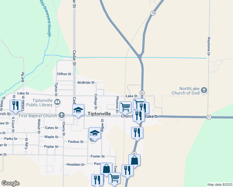 map of restaurants, bars, coffee shops, grocery stores, and more near 1430 Parks Robinson Drive in Tiptonville