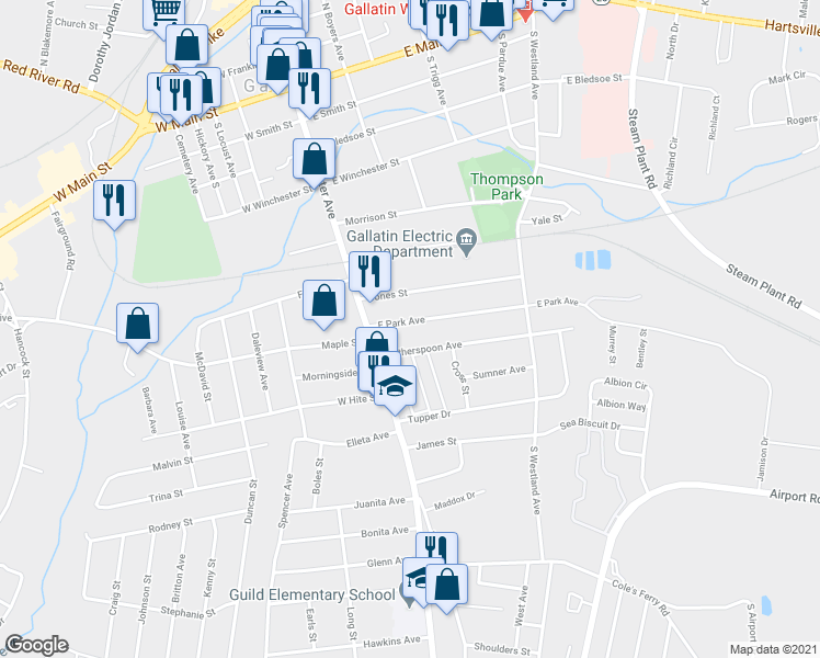 map of restaurants, bars, coffee shops, grocery stores, and more near 142 East Park Avenue in Gallatin