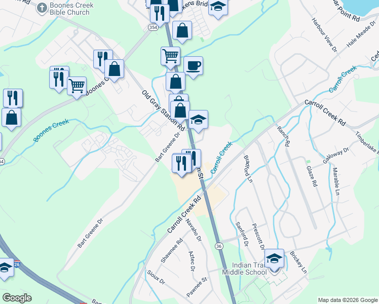 map of restaurants, bars, coffee shops, grocery stores, and more near 806 Cambridgeshire Court in Johnson City