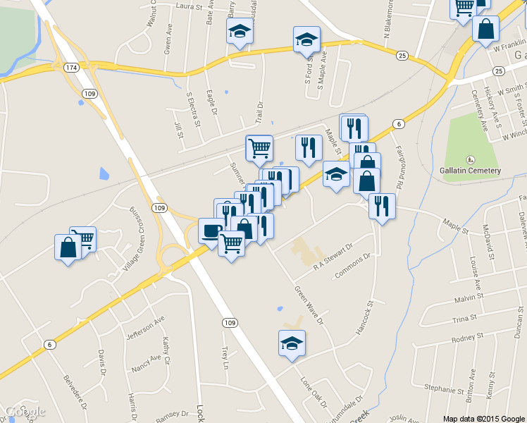map of restaurants, bars, coffee shops, grocery stores, and more near 694 Nashville Pike in Gallatin