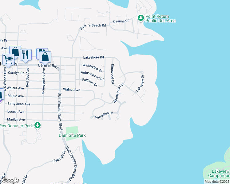 map of restaurants, bars, coffee shops, grocery stores, and more near 207 Woodstone Road in Bull Shoals