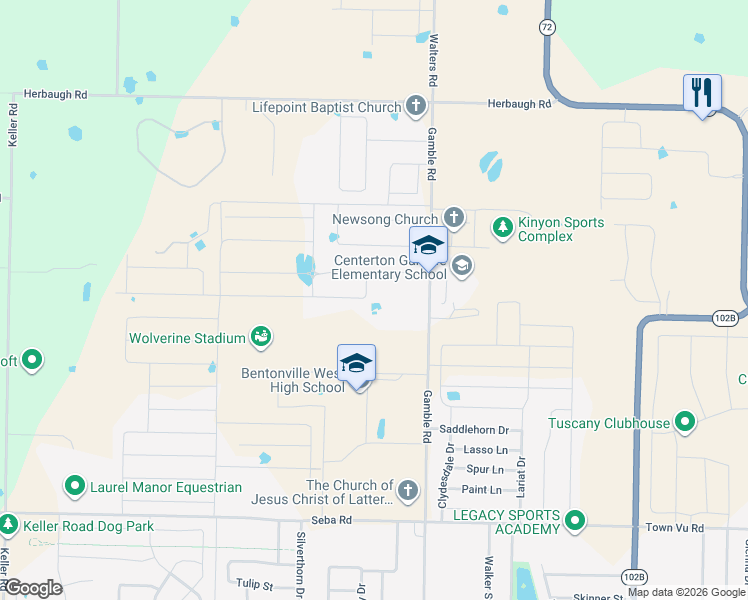 map of restaurants, bars, coffee shops, grocery stores, and more near 921 Red Maple Street in Centerton