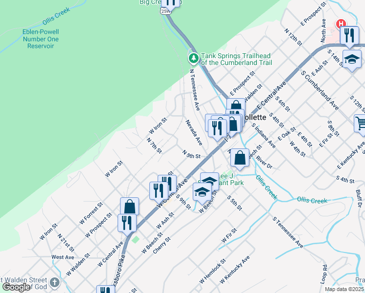 map of restaurants, bars, coffee shops, grocery stores, and more near 210 North 5th Street in LaFollette