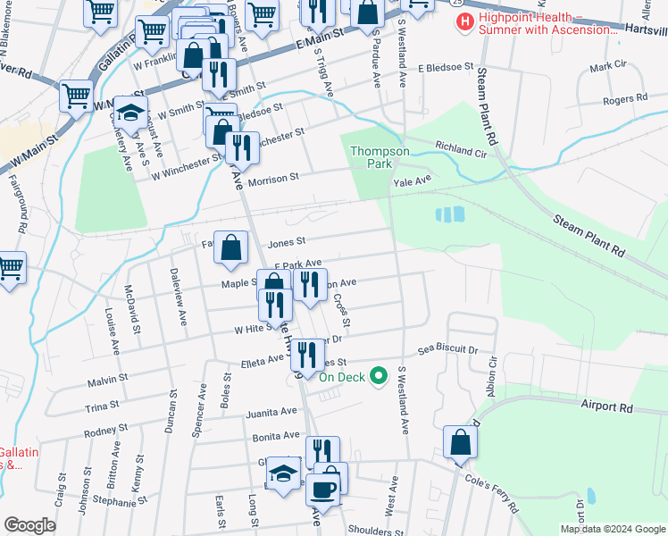 map of restaurants, bars, coffee shops, grocery stores, and more near 217 East Park Avenue in Gallatin
