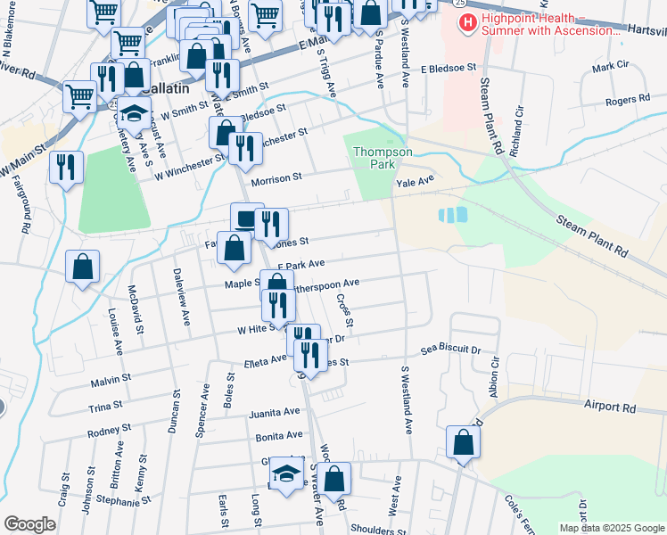 map of restaurants, bars, coffee shops, grocery stores, and more near 217 E Park Ave in Gallatin