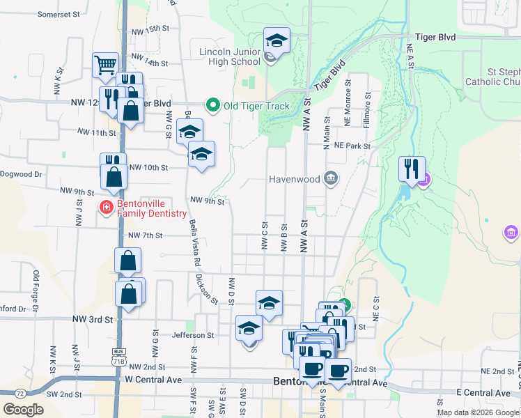 map of restaurants, bars, coffee shops, grocery stores, and more near 804 Northwest C Street in Bentonville