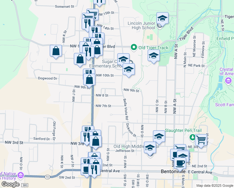 map of restaurants, bars, coffee shops, grocery stores, and more near 706 Northwest 8 Street in Bentonville