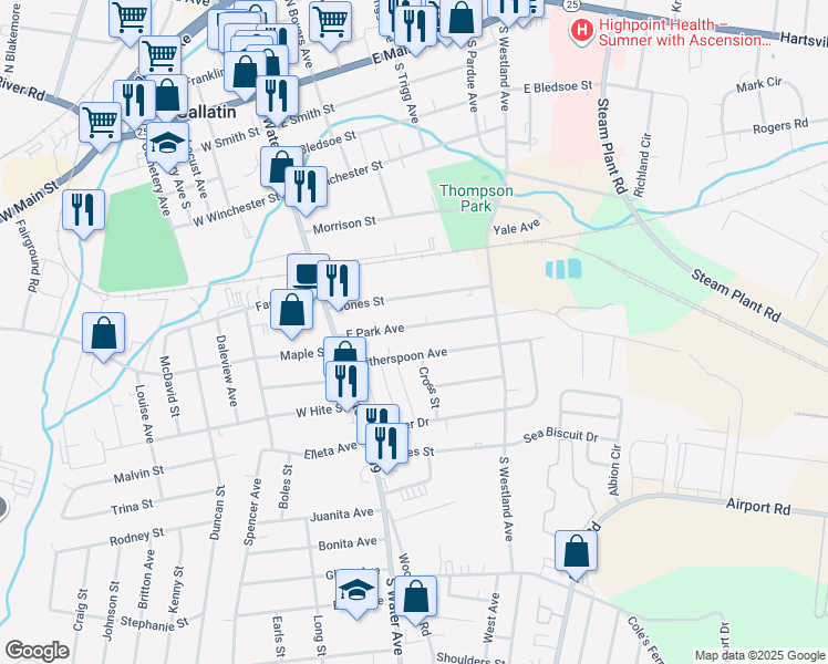 map of restaurants, bars, coffee shops, grocery stores, and more near 217 East Park Avenue in Gallatin