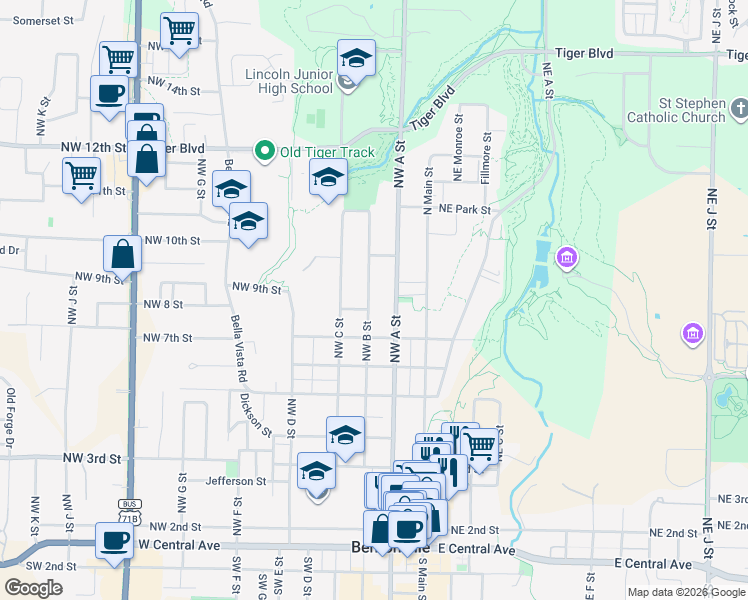 map of restaurants, bars, coffee shops, grocery stores, and more near 803 Northwest A Street in Bentonville