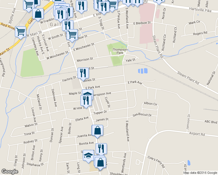 map of restaurants, bars, coffee shops, grocery stores, and more near 257 East Park Avenue in Gallatin