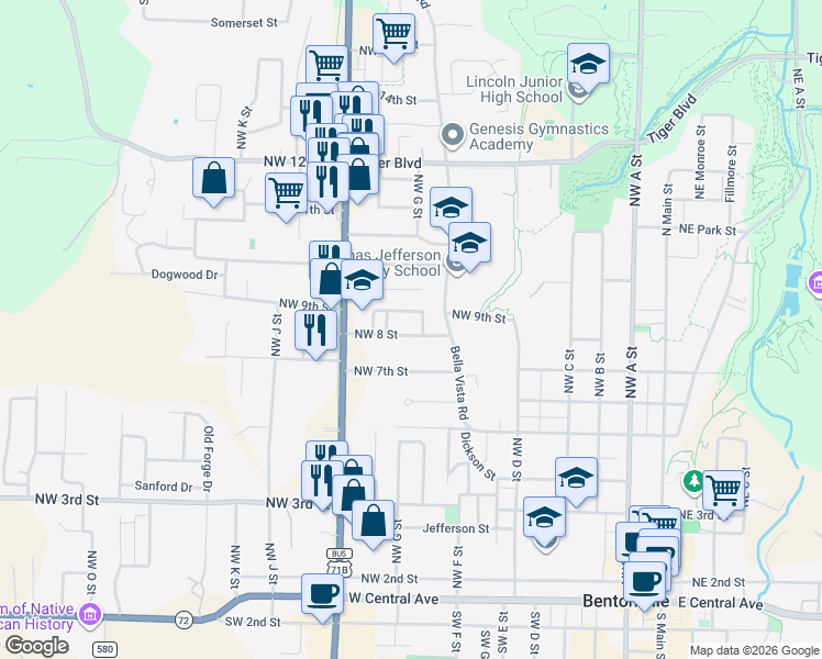 map of restaurants, bars, coffee shops, grocery stores, and more near 706 Northwest 8 Street in Bentonville