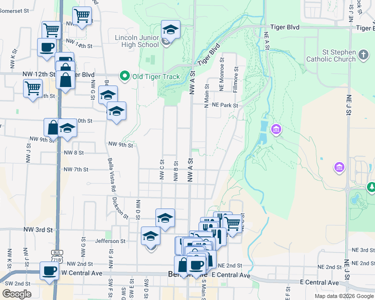 map of restaurants, bars, coffee shops, grocery stores, and more near 803 Northwest A Street in Bentonville
